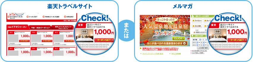 クーポンは、楽天トラベルサイト上やメルマガなどで配付されます。