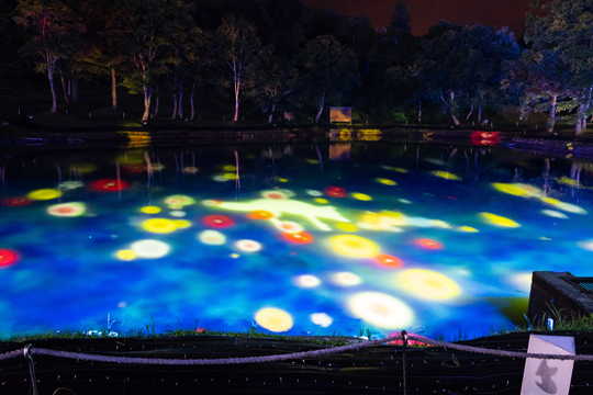 広い水面に映る映像と音の演出