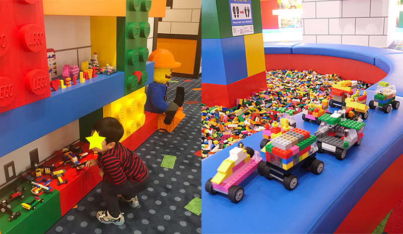 レゴブロックの見本となる車や飛行機があちらこちらに置いてある