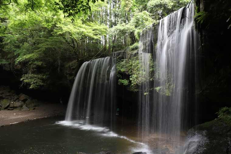 静かに流れる鍋ヶ滝とそれを囲うように茂る緑