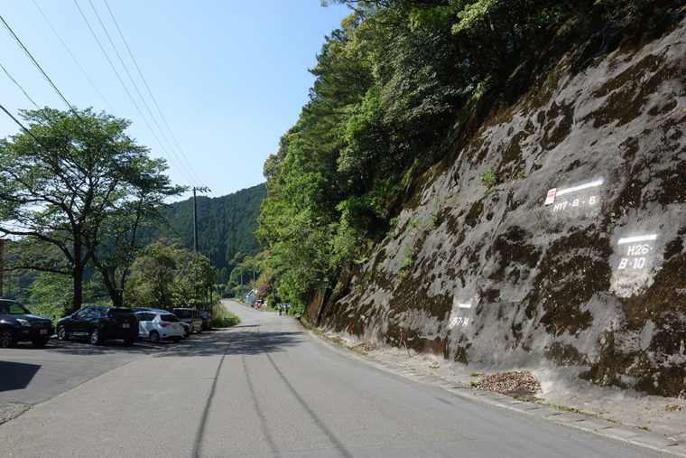 四万十川の山の斜面に刻まれた増水時の水位