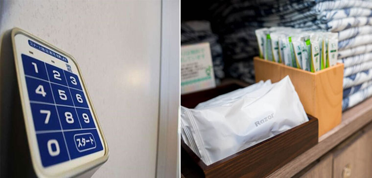 【スーパーホテルJR新大阪東口】暗証番号システムのドアと、アメニティはフロント横から自由に持っていくシステム