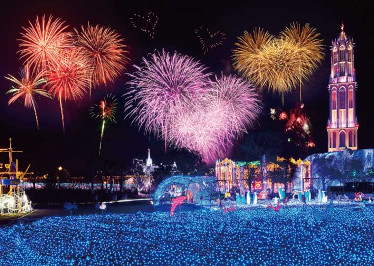 ハウステンボス　光の王国　光の街のクリスマス　花火