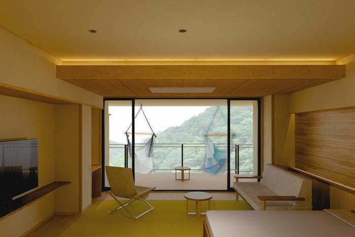 客室のテラスには東北初となるチェアハンモックを設置