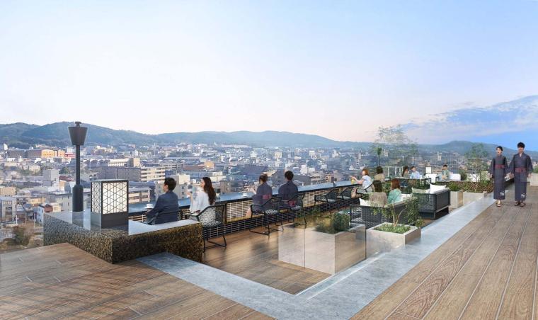東山を臨むルーフトップ「空庭テラス」。夕方には無料のカクテルタイムも用意