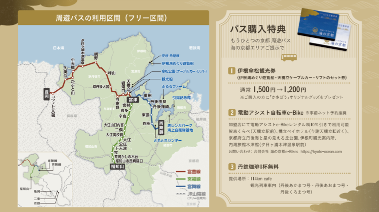 「海の京都」エリアの周遊パス利用区間。パス購入特典も用意されています