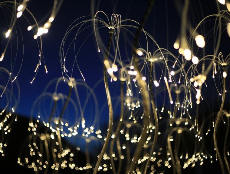  光ファイバーが放つ無数の光の粒が揺らめきながら美しくきらめきます