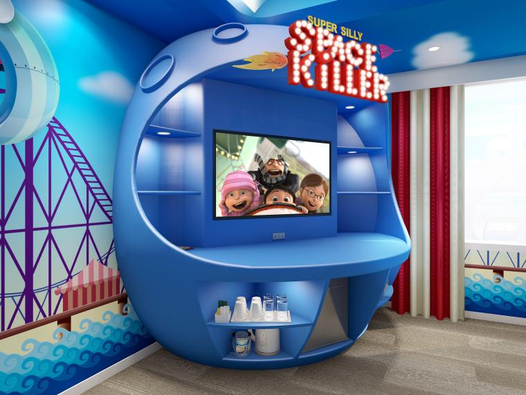 3姉妹が大好きなゲーム「スペース・キラー」に見立てたテレビボード