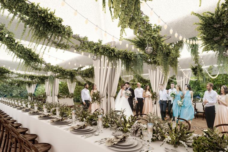 緑あふれるテラス席で食事を囲む披露宴が特徴的