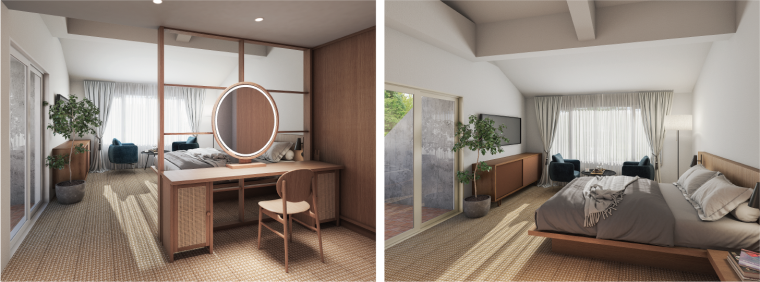 店舗設計を得意とする「TRIPSTER」が内装設計を手がけた客室。※イメージ画像のため、実際のレイアウトと一部異なる可能性があります