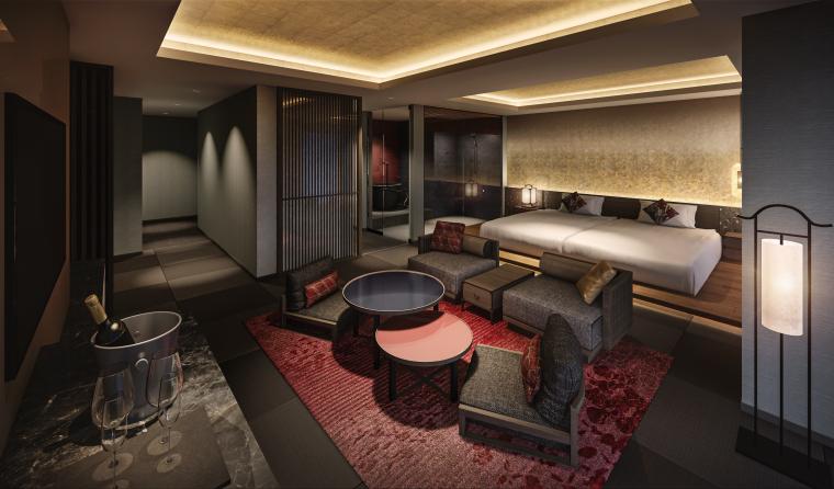 畳敷きのリビングとフローリングのベッドルームがある、49平方メートルの広さのジュニアスイートタイプ