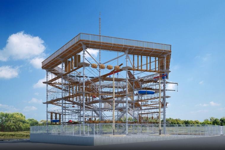 六角柱状に組まれた18本の鉄柱には数々の足場が組まれ、その間をアクティビティがつないでいく構造です