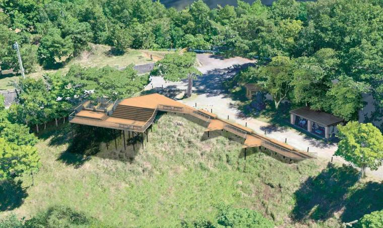 大きく横に広がるウッドデッキが印象的な、「二十曲峠展望テラス」のパース画像