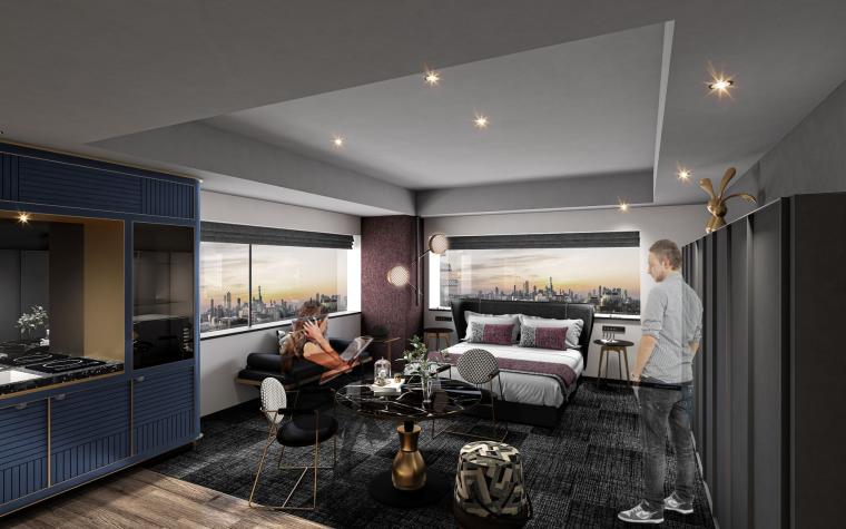 ミニキッチンを備えるなど、客室は中長期滞在に適した機能とデザイン性が融合