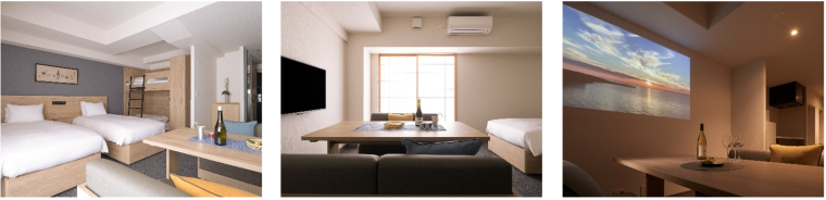 左から、バンクベッド／広いダイニングテーブル／プロジェクター付きのシアタールーム