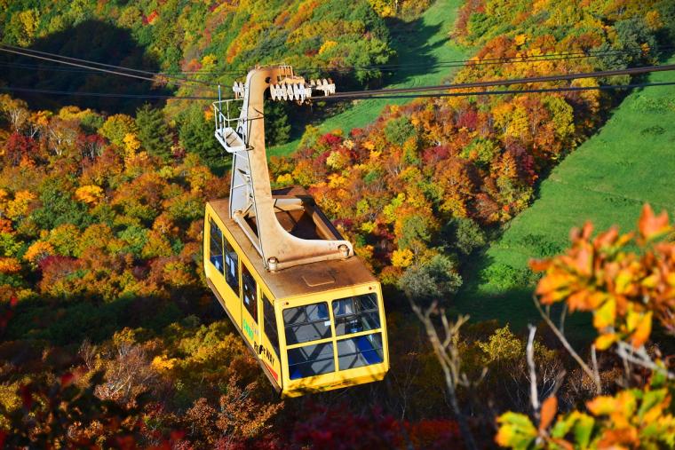 ロープウェイに乗車し、空中から蔵王の山並みを楽しむ