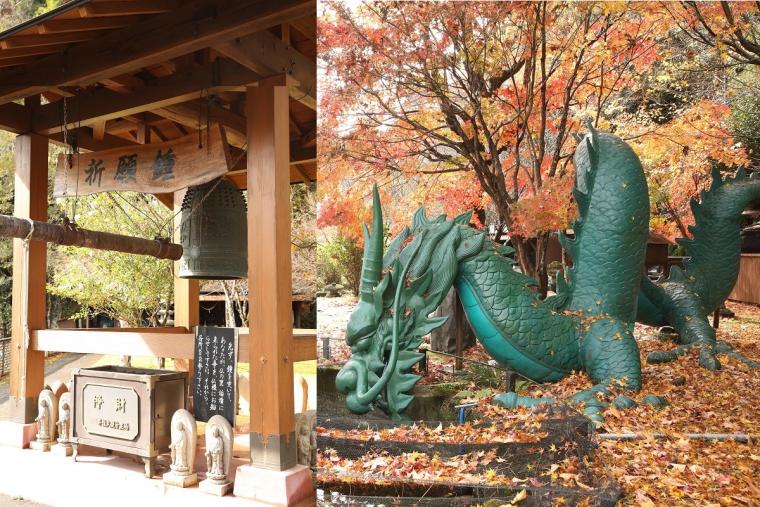 「鐘突き堂」（左）、「巨竜霊泉」（右）