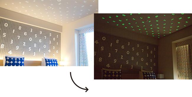 暗くなると発光するデザイン。天井に施した仕掛けは、昼と夜で違った雰囲気を楽しめます