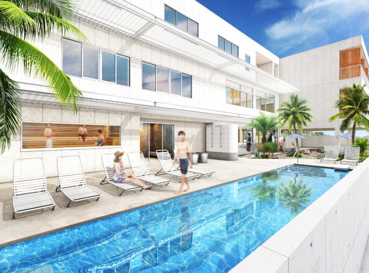 解放感あふれる宿泊者専用サウナとプール