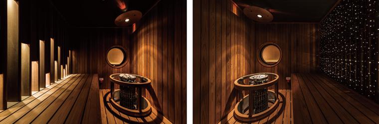 最上階サウナスイートの「三隈川サウナ」と「千年あかりサウナ」
