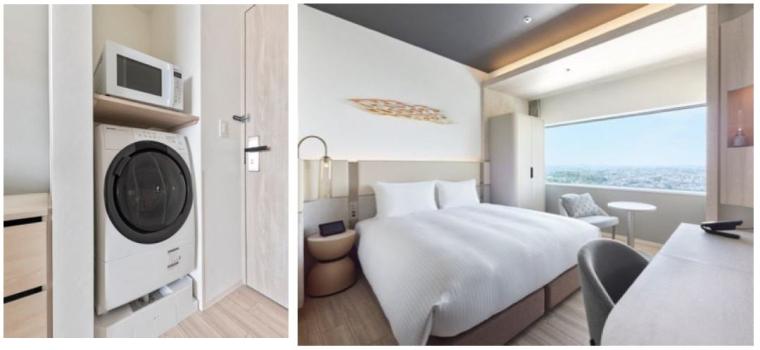 電子レンジ、洗濯機付きのスーペリアクイーン客室