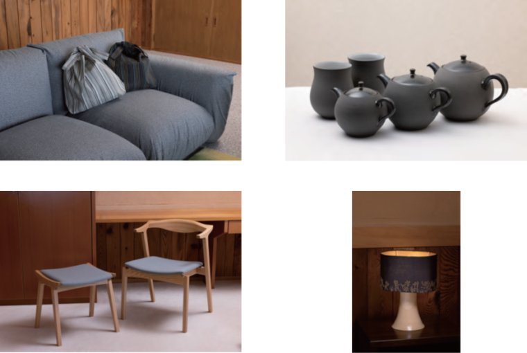 左上「シンプルショルダーバッグM」、右上「てのひら急須、つつみて急須、あふれて急須、つつみて湯呑」、右下「NEO TAKATORI AKARI」、左下「GADO Stool、GADO Half  Arm Chair」