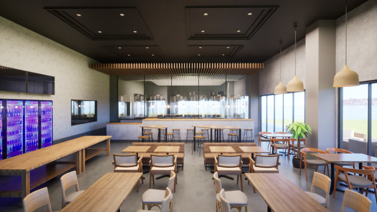 ガラス越しにビアタンクが並ぶレストラン