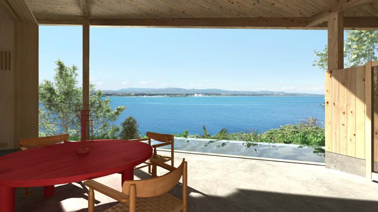 古宇利島の海をパノラマで楽しめる客室のダイニングテラス