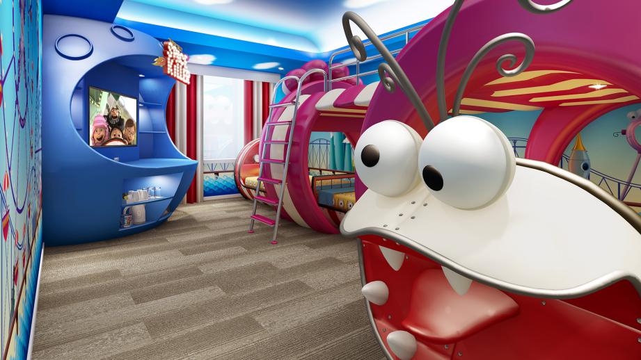 4名まで宿泊できる「ミニオンルーム 3 ～ 思い出の遊園地『スーパー・シリー・ファンランド』～」の客室内イメージ