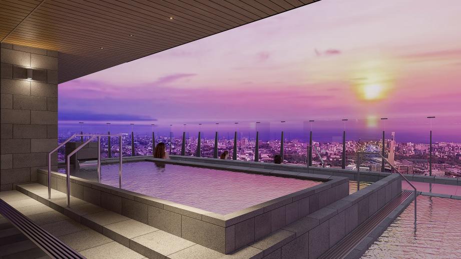 別府市の街並みを一望できる宙館の大浴場
