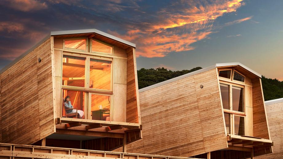 海辺に位置するプライベートヴィラ。船をモチーフにした建物です