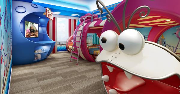 4名まで宿泊できる「ミニオンルーム 3 ～ 思い出の遊園地『スーパー・シリー・ファンランド』～」の客室内イメージ