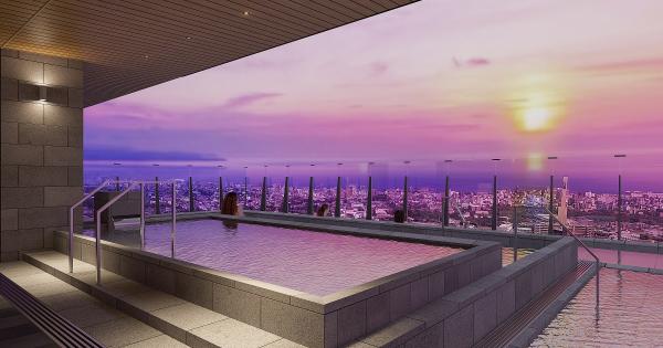 別府市の街並みを一望できる宙館の大浴場