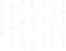 水と緑が豊かな滋賀では、自然の移り変わりがドラマチックです。雄大な山や美しい湖岸線など、豊かな自然が四季折々の趣を魅せ、心が華やぎます。
