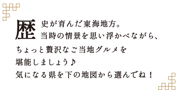 歴史が育んだ東海地方。当時の情景を思い浮かべながら、
ちょっと贅沢なご当地グルメを堪能しましょう♪
気になる県を右の地図から選んでね！